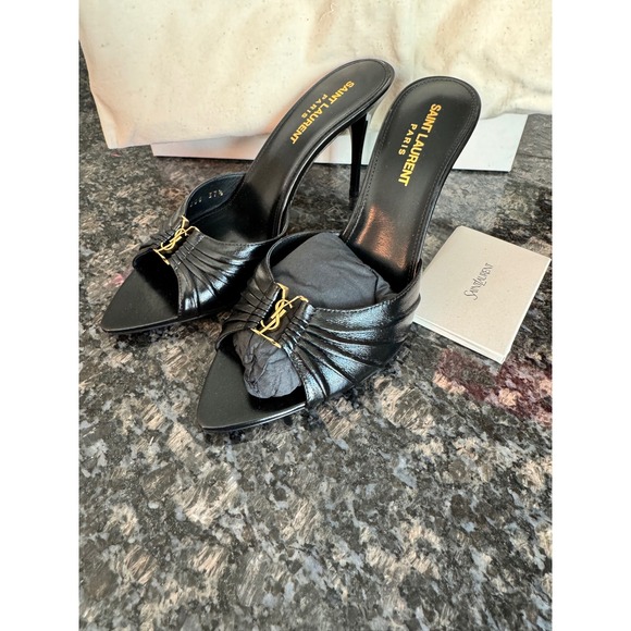 Saint Laurent Shoes - Saint Laurent Babylone 90 Nappa Sugar Leather YSL Logo Mules Black Nero 37.5 7.5